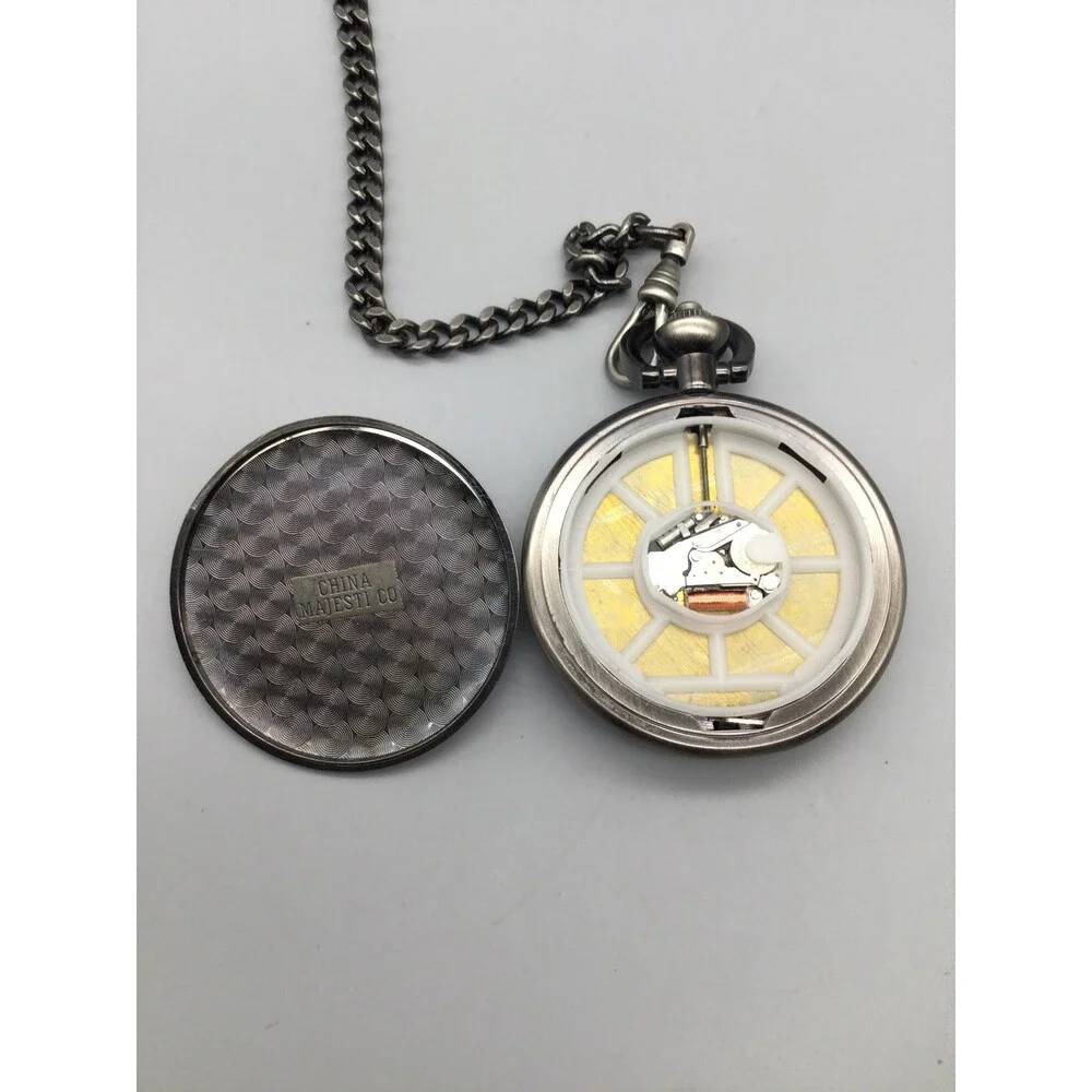 Majesti Bald Eagle Pocket Watch Men 51mm Silver Tone Full Hunter New Battery